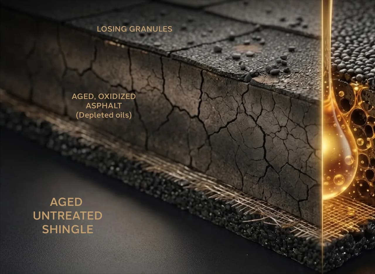 Aged untreated shingle beside restoration oil soaking into the layers